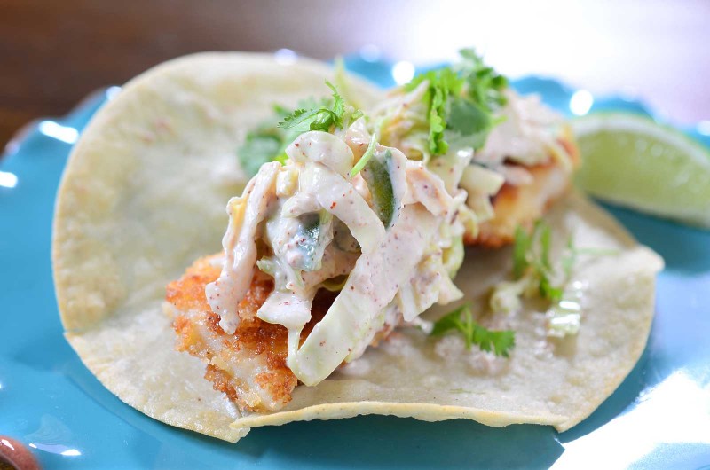 Crispy fish tacos with spicy slaw